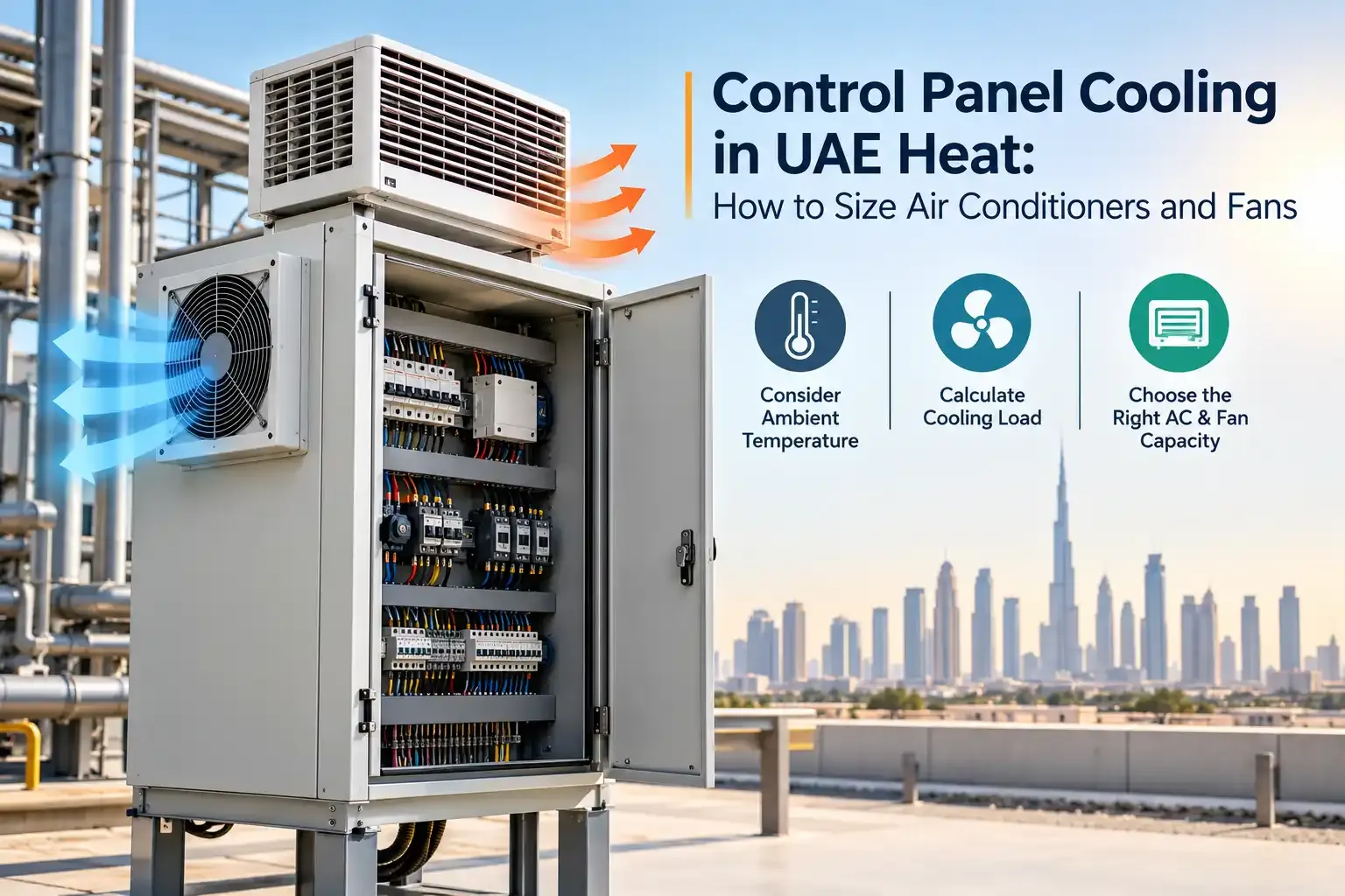 Control panel cooling in UAE heat with industrial cabinet air conditioners and ventilation fans