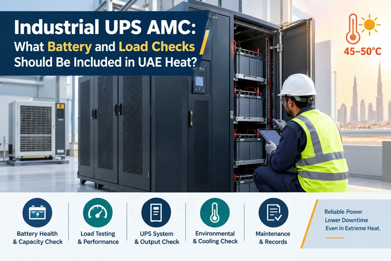 Industrial UPS AMC in UAE heat, showing a technician inspecting UPS batteries, load performance, cooling, and system output.