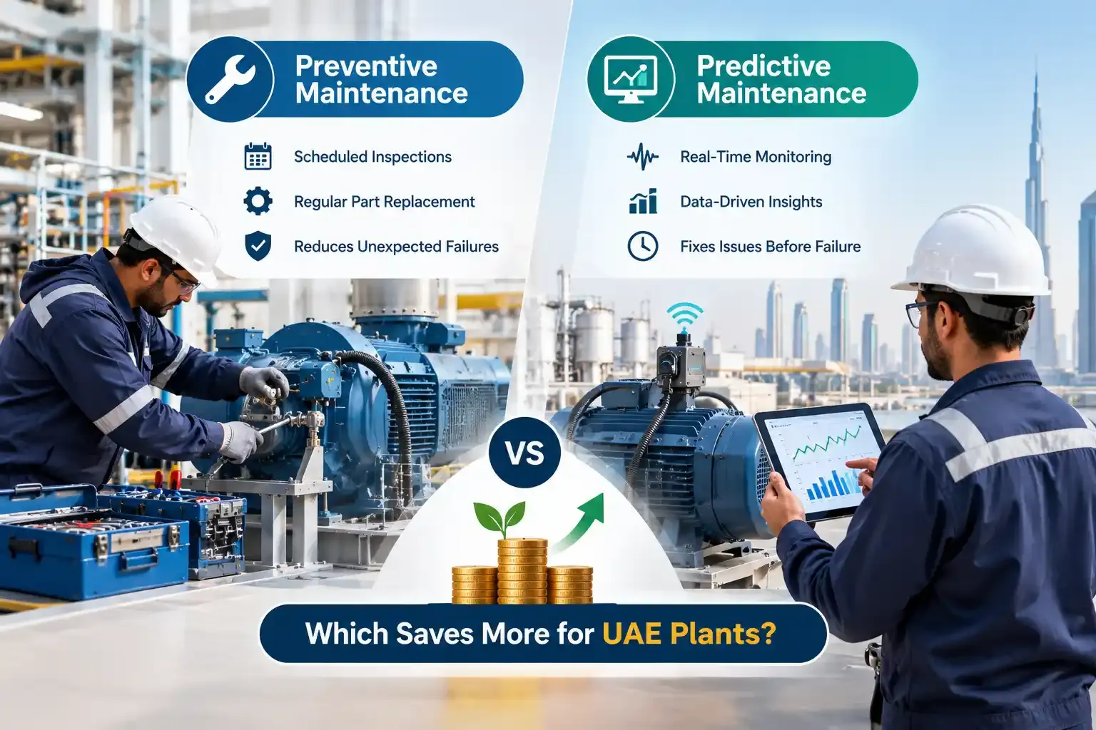 Preventive vs predictive maintenance in UAE plants, comparing scheduled equipment servicing with sensor-based monitoring to reduce downtime and maintenance costs.