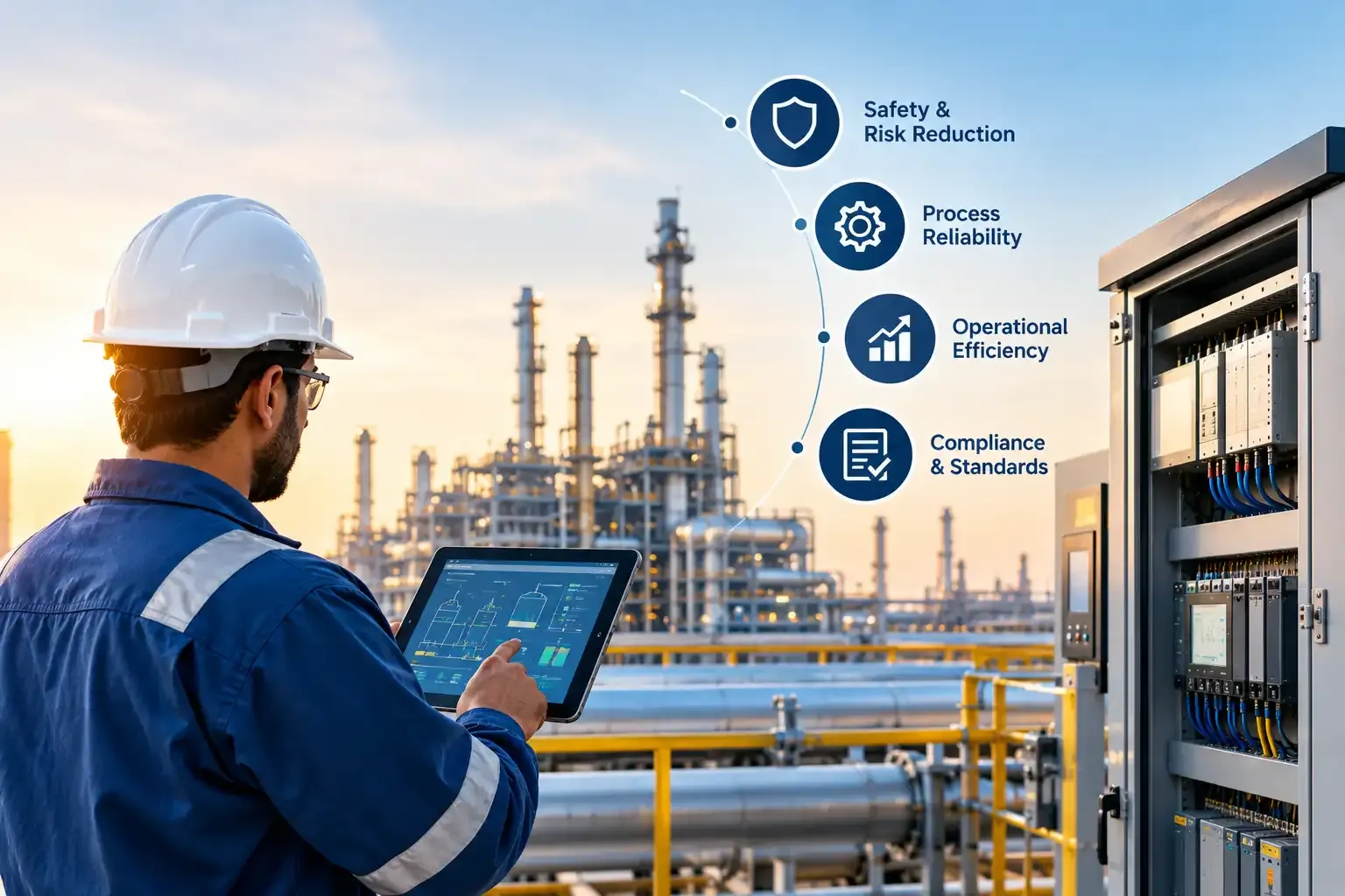 Oil and gas automation in the UAE, showing an engineer monitoring SCADA systems and an industrial PLC control panel at a refinery.