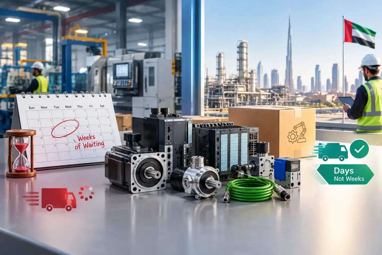 Automation spare parts lead time in UAE plants, featuring industrial components, inventory management, and faster delivery solutions to reduce downtime.