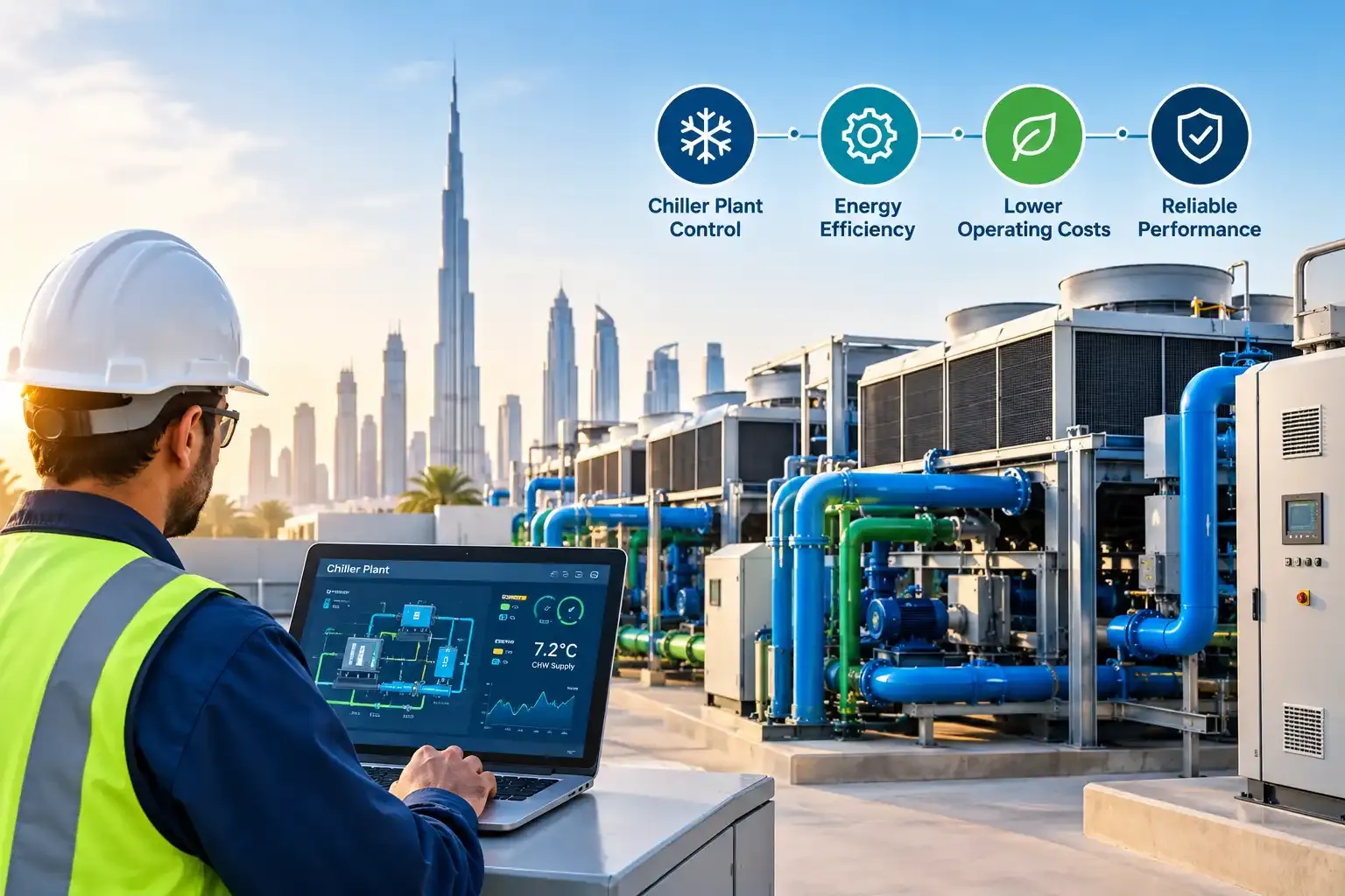 District cooling automation in the UAE with a technician monitoring chiller plant controls, cooling systems, and energy efficiency.