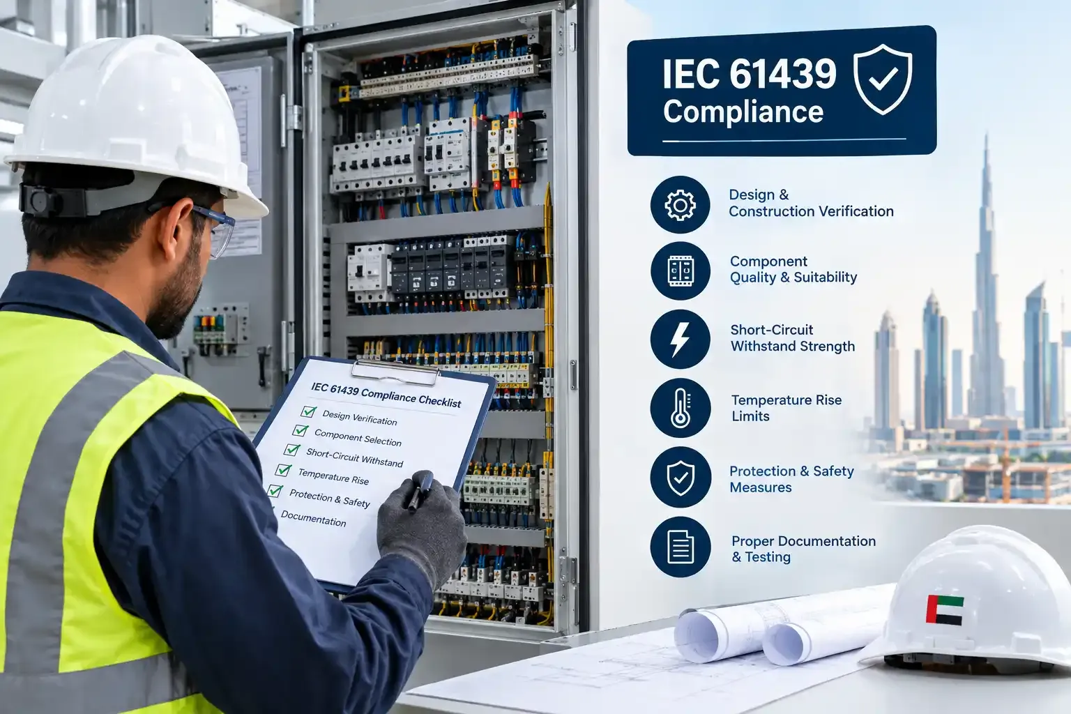 IEC 61439 compliance checklist for UAE contractors inspecting electrical control panels, verifying component ratings, design, thermal performance, safety, and documentation.