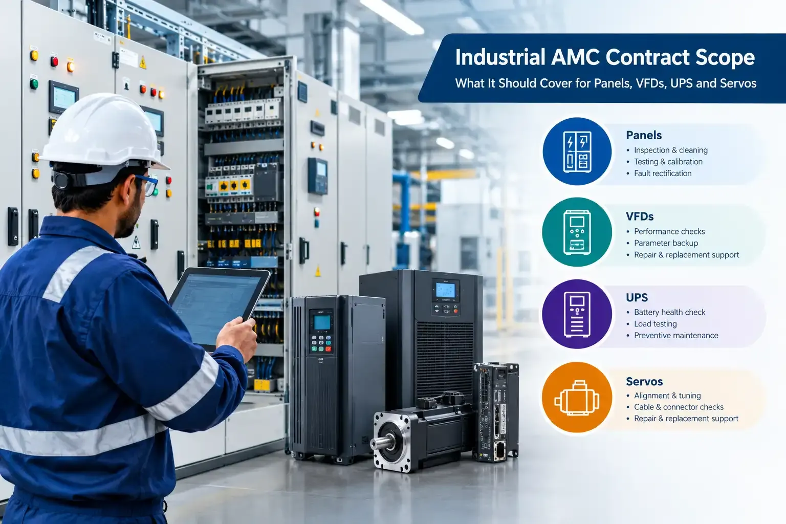 Industrial AMC contract scope covering electrical panels, VFDs, UPS systems and servo motors, with a technician inspecting equipment.