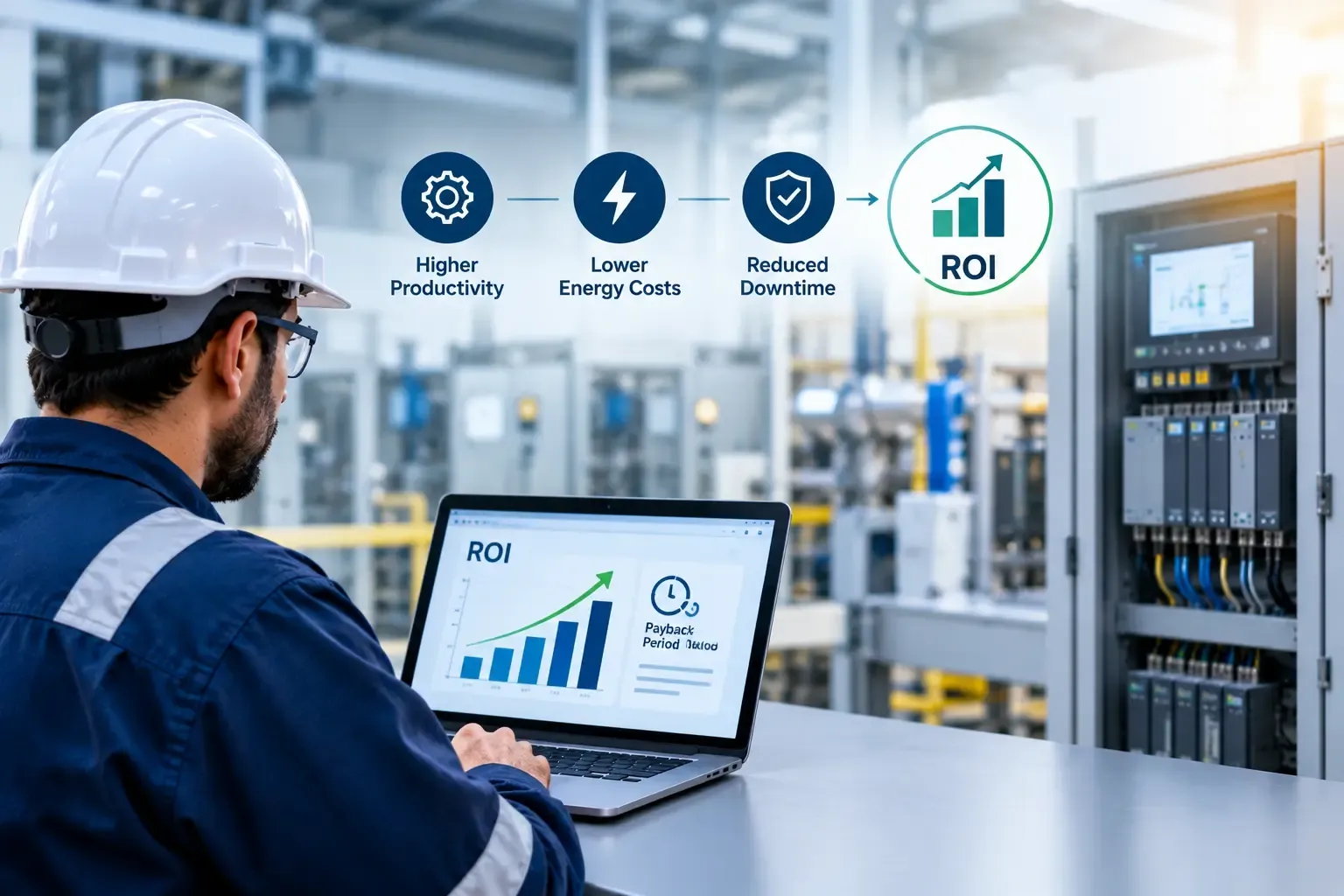 Industrial automation ROI analysis showing a technician reviewing control system upgrades, energy savings, productivity gains and payback charts.